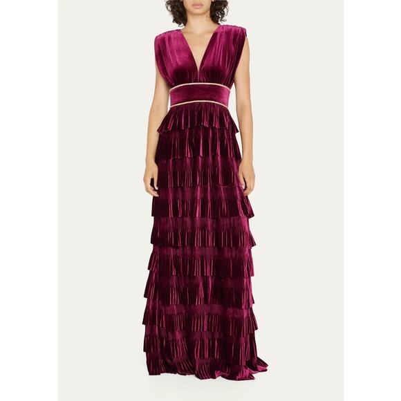NWT Bronx & Banco Burgundy Velvet Tiered Maxi Gown XL US10 Gold Trim Pleated - Picture 1 of 16